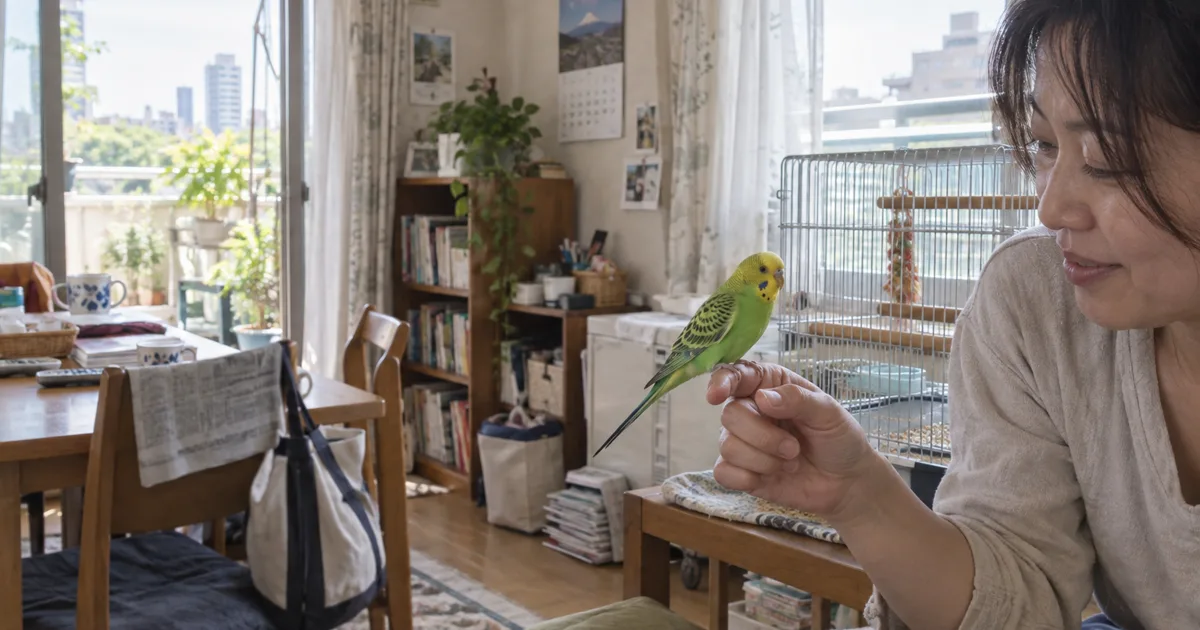 指にとまるセキセイインコ