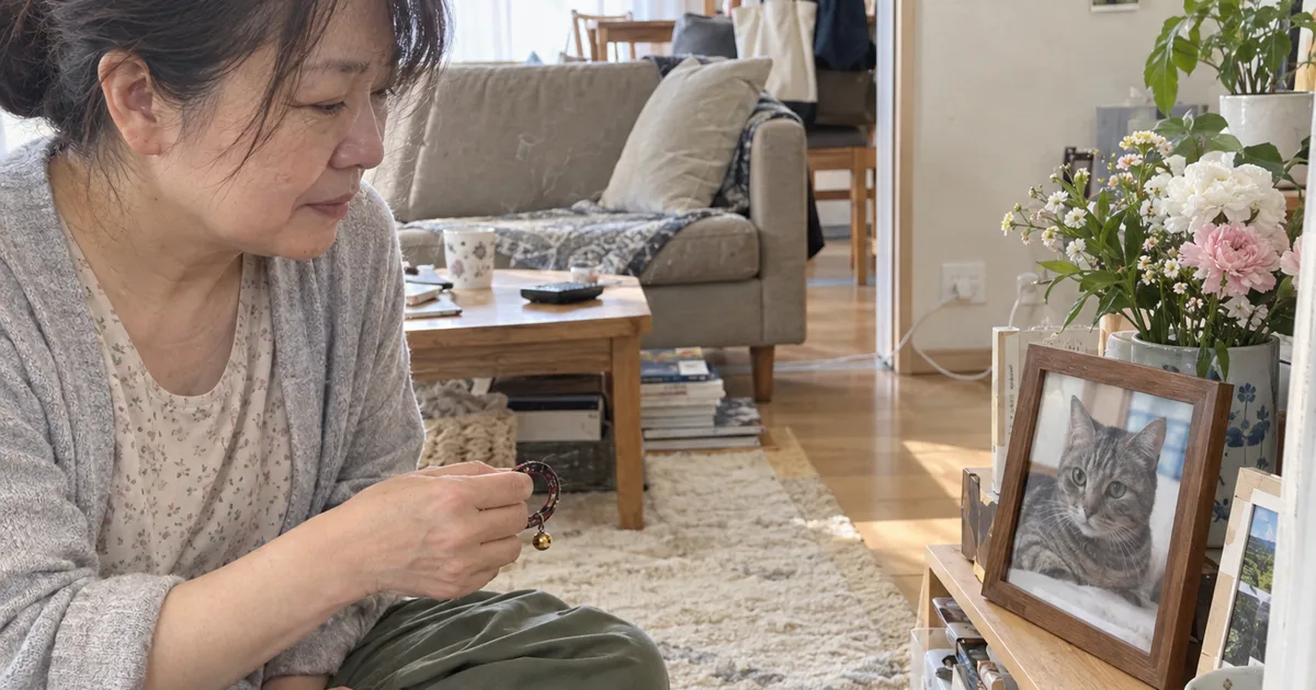白猫の写真を見ながら、鈴のついた首輪を手にする親子