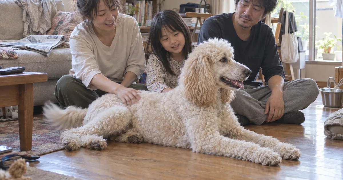 リビングの床で伏せるスタンダードプードルをなでる3人家族