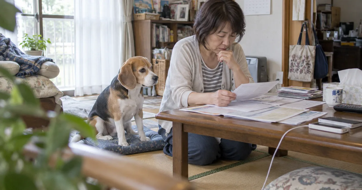 和室の座卓で資料を広げる50代の女性と、座布団の上のビーグル