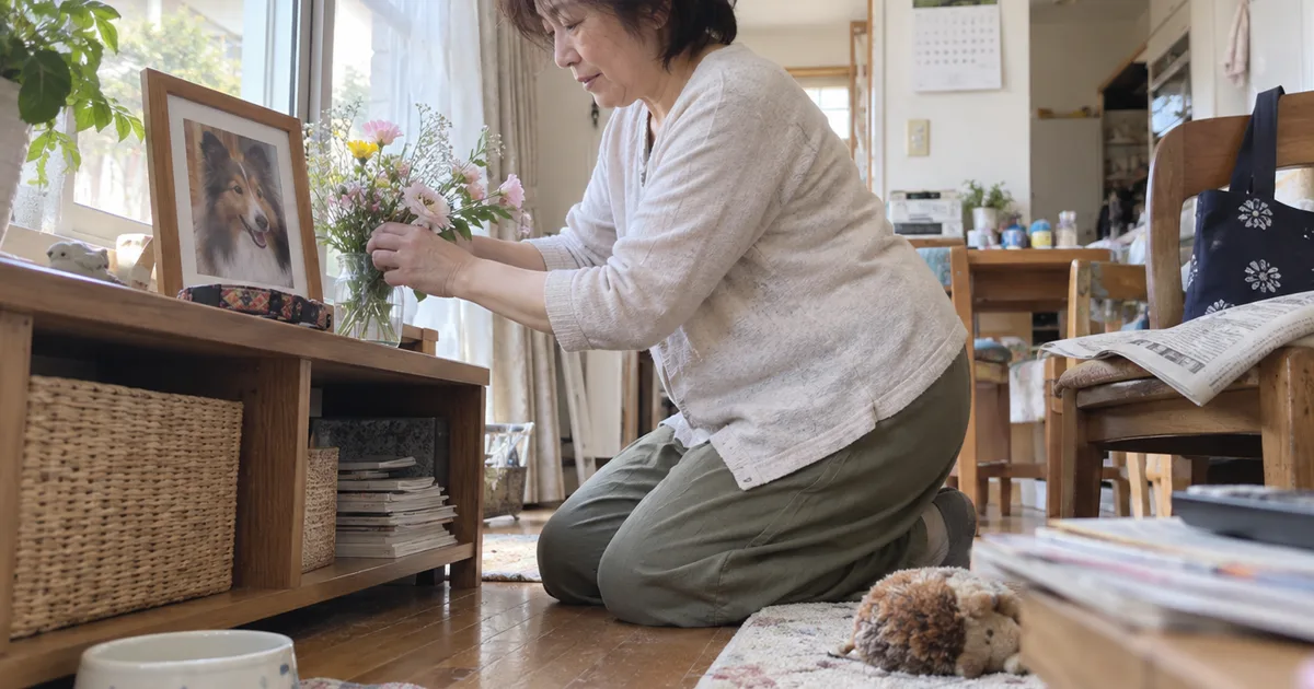 窓辺の棚に飾ったシェットランドシープドッグの写真に花を生ける50代の女性