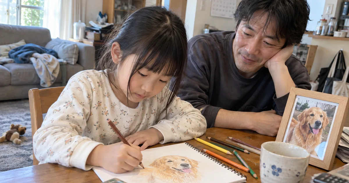ゴールデンレトリバーの絵を描く子どもと見守る40代の男性