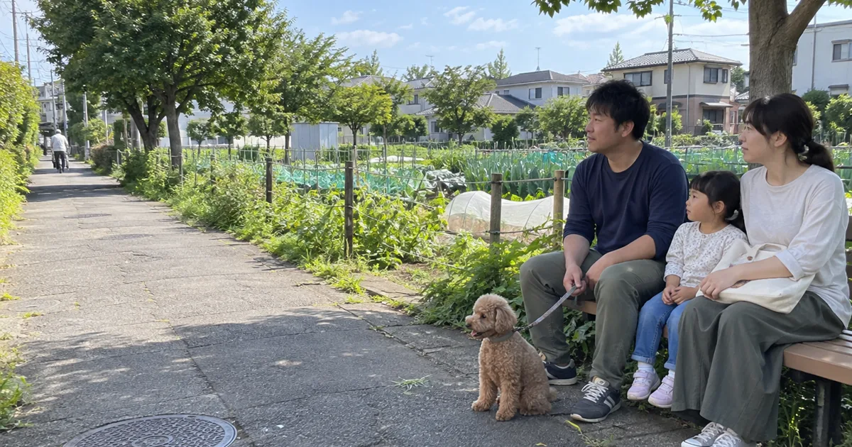 畑沿いの住宅街で、散歩中のゴールデンレトリバーをなでる夫婦